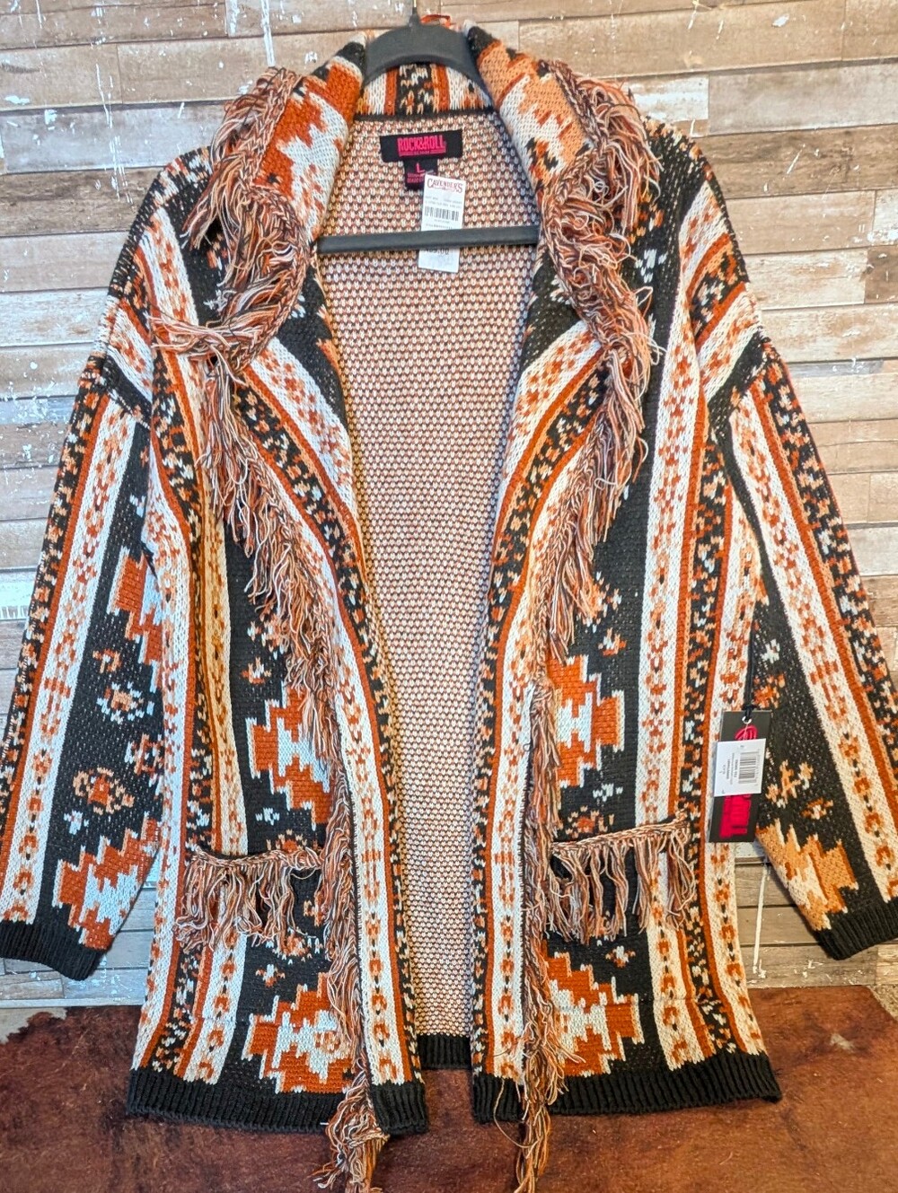 NWT Rock & Roll Denim Aztec Sweater Cardigan With Fringe
